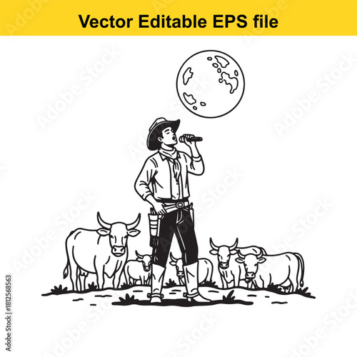 Black and white line art vector illustration of a cowboy singing into a microphone under the moon surrounded by cattle on a