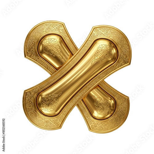 Crossed ornate gold shields with metallic finish. cutout on transparent background.