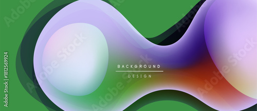 Abstract fluid shapes overlap, creating vibrant color gradients. Green background complements purple, pink hues. Modern design element.