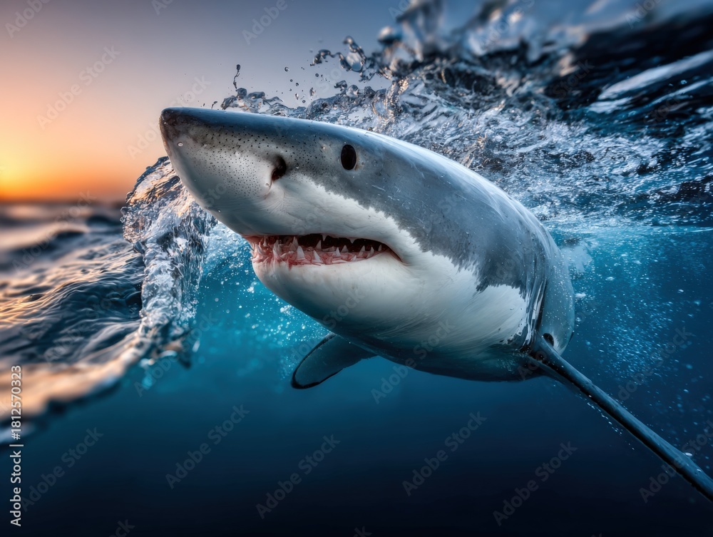 Naklejka premium Shark swimming near the surface during sunset over the ocean water