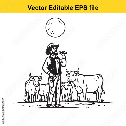 Black and white line art vector illustration of a cowboy singing into a microphone surrounded by cattle under a full moon, isolated on
