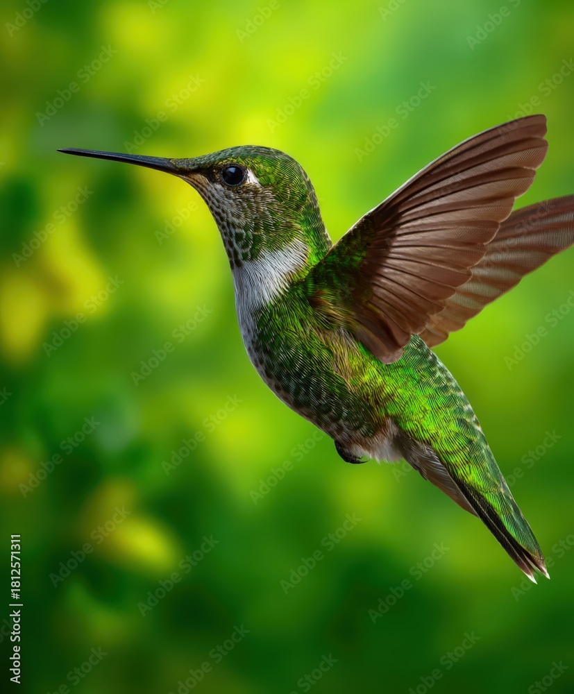 Obraz premium Colorful hummingbird feeding in vibrant green garden during sunny day