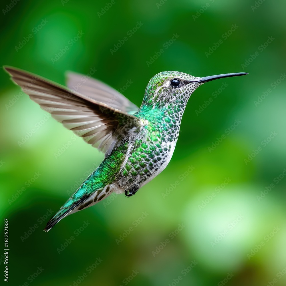 Obraz premium Bright green hummingbird hovering in a lush garden during daylight hours