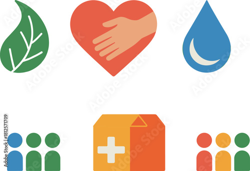 Charity support icons with heart hand leaf water drop community group donation box and humanitarian symbols – flat vector illustration