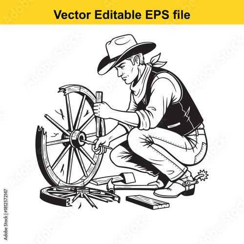 Black and white vector illustration of a cowboy repairing a broken wooden wagon wheel with an axe and whetstone, isolated on
