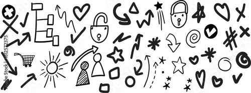 Decorative hand drawn shapes. Outline crown, doodle pointer and heart frame. Doodles lines elements, ink line arrow and flower calligraphy sign sketch. Isolated vector illustration symbols set
