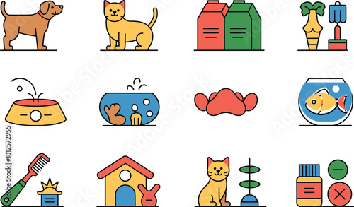 Pet care icons with dog cat food bowl aquarium grooming tools pet house fish tank and supplies collection – flat vector illustration