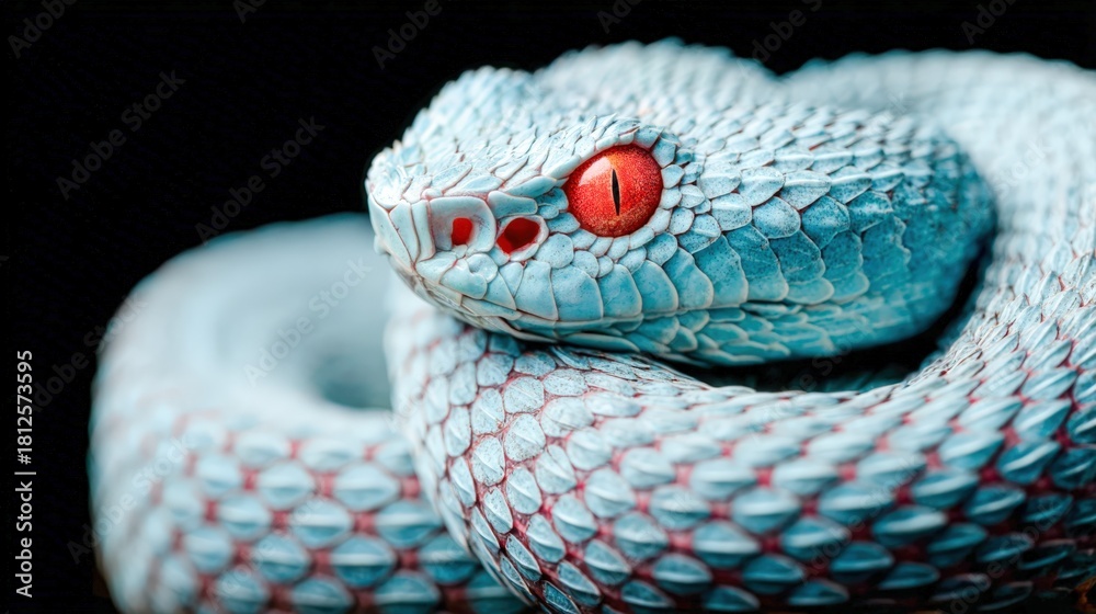 Fototapeta premium Bright blue snake with red eyes resting on a dark surface in a serene pose