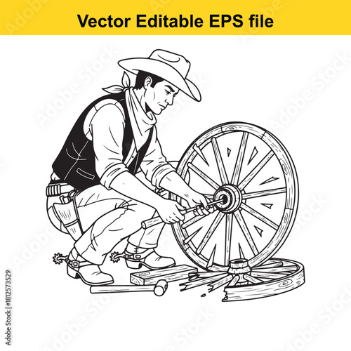 Black and white vector illustration of a cowboy repairing a wooden wagon wheel with a tool, isolated on