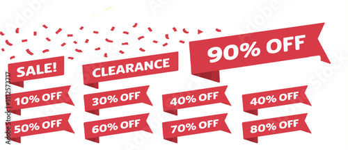 Set of nine vector red discount ribbon banners with various percentage offers and sale messages