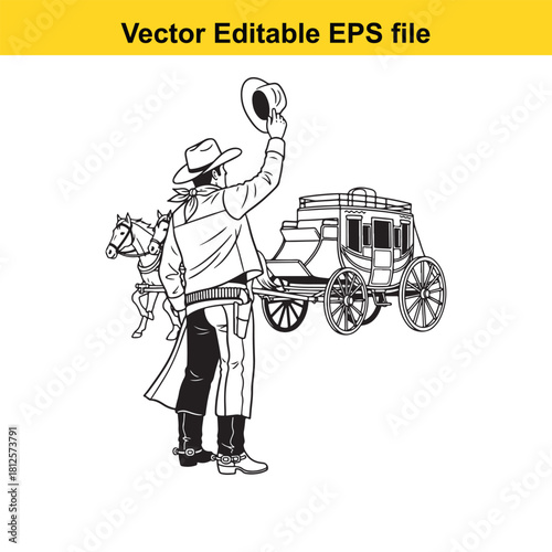 Black and white line art vector illustration of a cowboy tipping his hat next to a horsedrawn stagecoach, isolated on