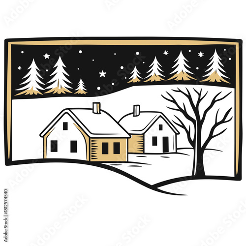 Snowy village landscape with houses and trees under starry sky  