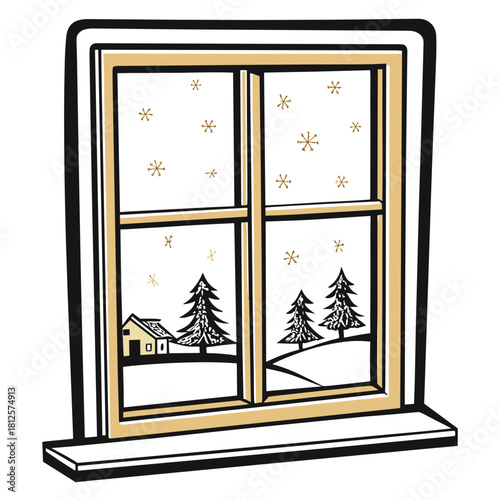 Snowy window view with trees and house in winter landscape  