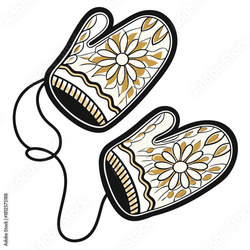 Wool mittens with floral pattern hanging on a string in winter  