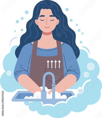 Woman Washing Hands in Sink with Soap and Bubbles - Hygiene and Cleanliness Vector Illustration