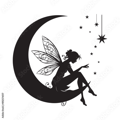 Small fairy on the moon silhouette.