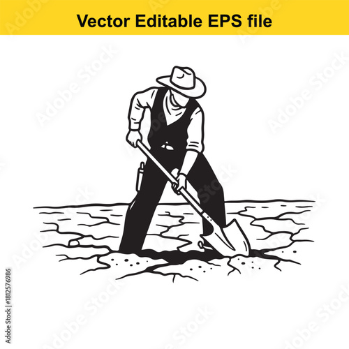 Black and white line art illustration of a cowboy or farmer digging in dry, cracked earth with a shovel, isolated on