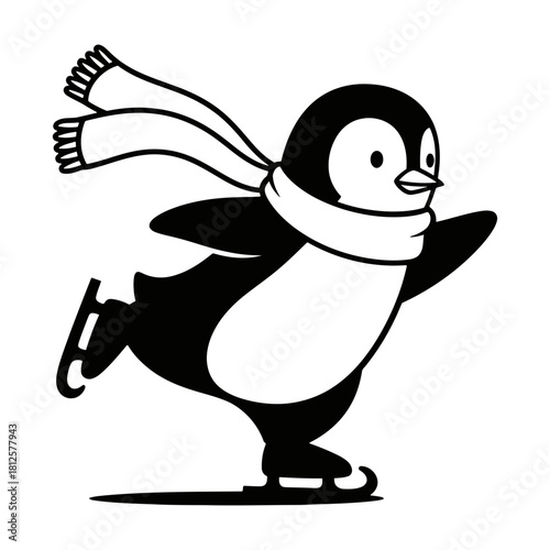 Happy penguin silhouette ice skating fast with scarf vector illustration