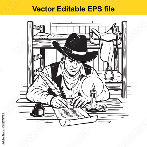 Black and white line art illustration of a cowboy or gunslinger writing a letter with a quill pen by candlelight in a rustic bunkhouse setting