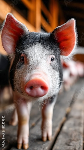 Cute piglet standing on wooden floor in rustic barn setting