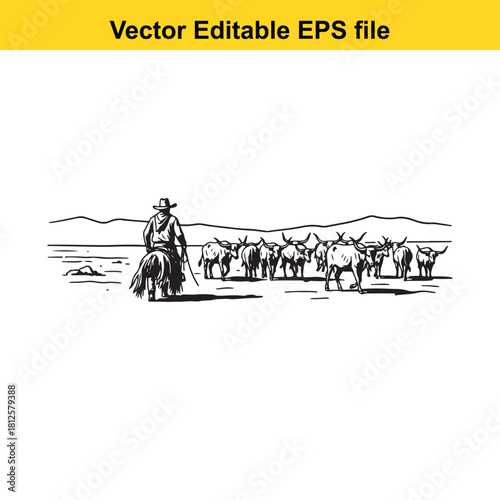 Black and white vector illustration of a cowboy on horseback herding a group of longhorn cattle across a flat, open landscape