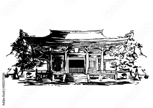 Sumi-e Shinto Shrine Surrounded by Trees – Sacred Forest Courtyard Illustration