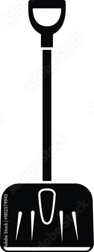 Black and silhouette icon of a snow shovel for clearing ice and winter precipitation