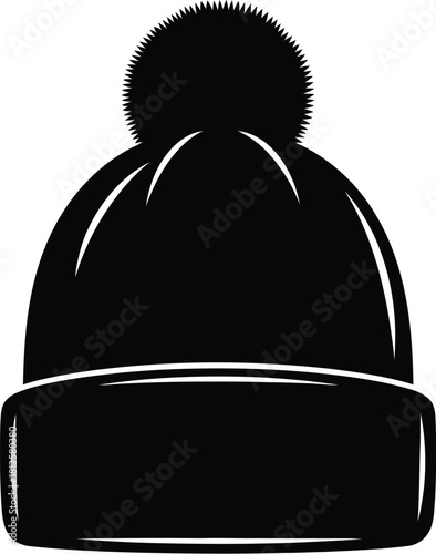 Black silhouette icon of a winter knit beanie hat with a pom pom