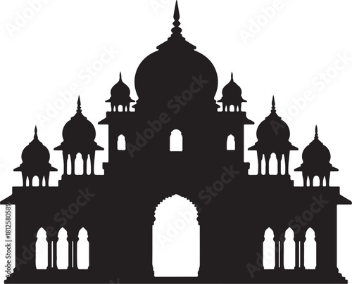 Black silhouette of a domed Indian palace with arches