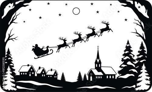 Black and silhouette of santa claus sleigh flying over snowy village with church and forest at night