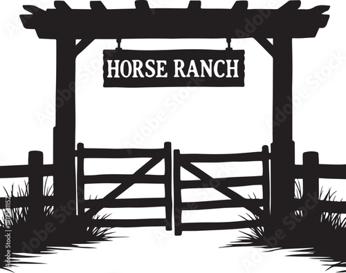 Black silhouette of a horse ranch entrance gate black and white