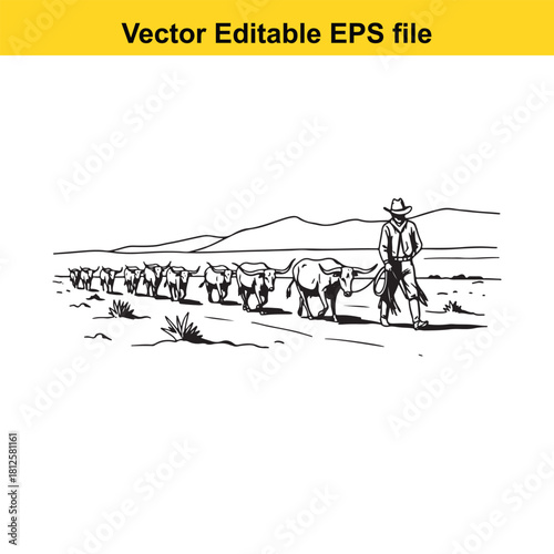 Black and white vector illustration of a cowboy herding a line of cattle across a dry, open landscape with mountains in the background