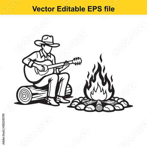 Black and white vector illustration of a cowboy sitting on a log playing a guitar next to a campfire, isolated on
