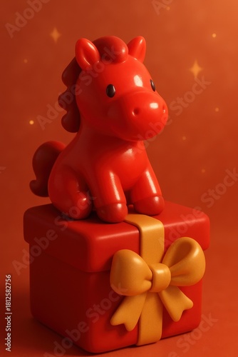 Cute Red Pony Sitting on a Gift Box, 3D Character