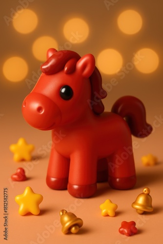 Red Kawaii Horse with Holiday Lights, 3D Christmas Scene