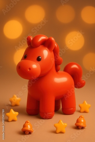 Red Kawaii Horse with Warm Bokeh, 3D Render