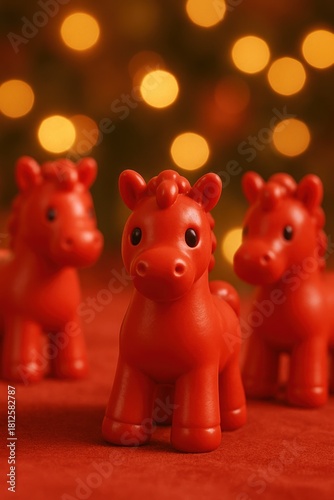 Three Red Kawaii Horses with Holiday Lights, 3D Render