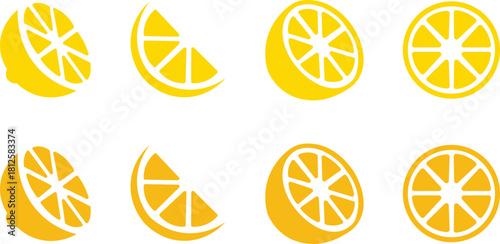 Citrus fruit slice icons. Orange slice shape set. Citrus symbol collection. Citrus fruit whole, half and pieces