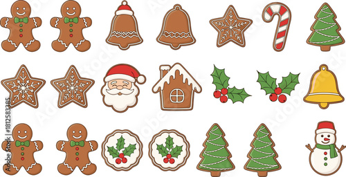 Christmas gingerbread cookies set, festive holiday treats, stars, bells, candy cane, Santa, holly leaves, tree cookies, winter dessert illustration