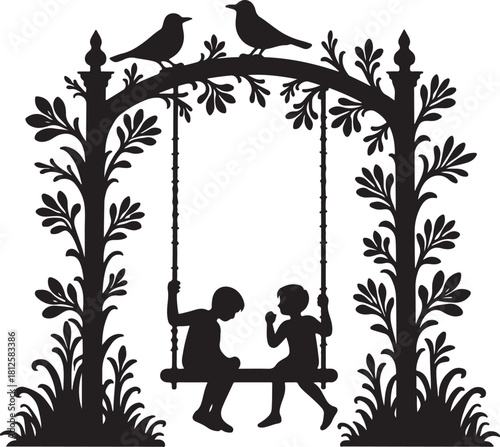 Black silhouette of children on swing under birds and foliage