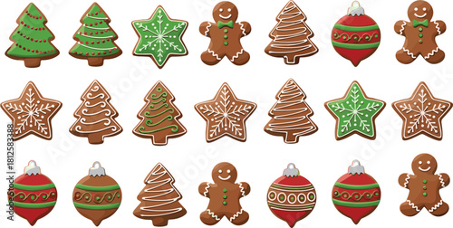 Collection of decorated Christmas gingerbread cookies featuring trees, stars, baubles, and men, vector illustration for holiday design.