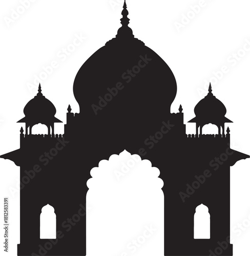 Black silhouette of an ornate Indian temple gateway