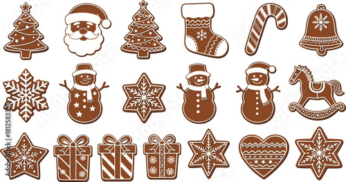 Collection of Christmas gingerbread cookies featuring Santa, snowman, stocking, and gift boxes, vector illustration for holiday celebration.