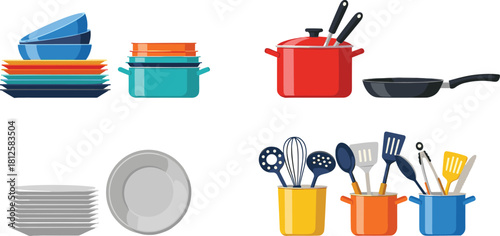 Colorful kitchen utensils, cookware sets, stacked plates and cooking tools collection illustration for culinary design, kitchen equipment clipart, modern cooking elements