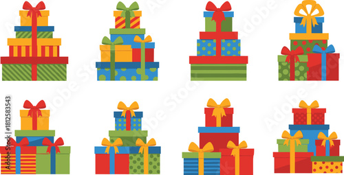 Colorful stacked gift boxes collection with ribbons and bows, festive present bundles, holiday celebration packaging set for Christmas and birthday themes