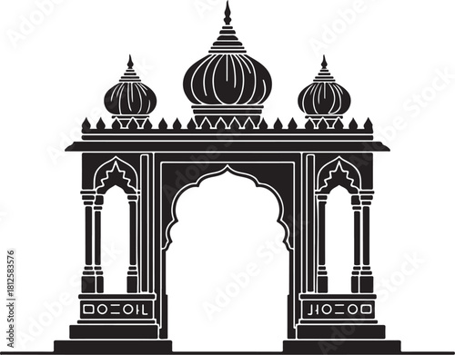 Black silhouette of ornate Indian gateway with domes