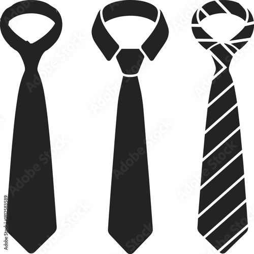 Necktie silhouettes, formal wear, business attire, striped tie, collar detail, fashion icon, black vector, clothing style, flat vector illustration