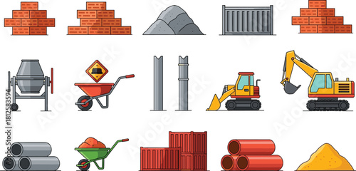 Construction equipment icons, building materials illustration, heavy machinery set, bricks, pipes, wheelbarrow, excavator, cement mixer, industrial work vector