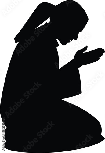 Kneeling silhouette, prayer pose, spiritual moment, raised hands, long garment, devotion concept, black figure, flat vector illustration, reflection icon