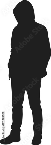 Hooded figure silhouette, casual clothing, relaxed posture, black vector, anonymity concept, streetwear style, youth icon, flat vector illustration